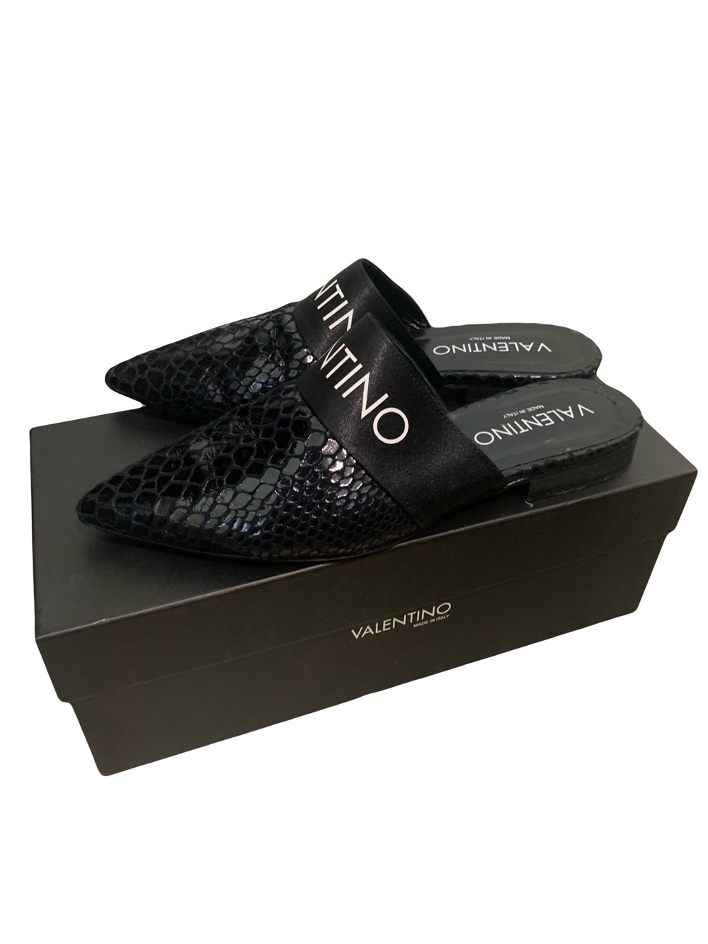 Valentino Black Pointed Snakeskin-Effect Satin Band Mules